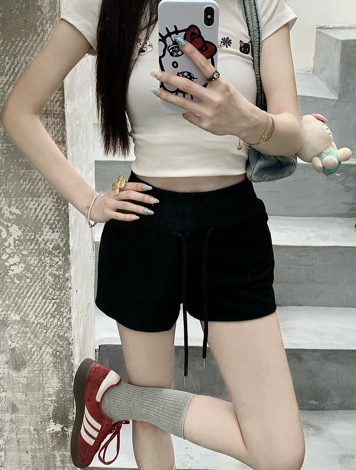 허리밴드 펌프 로프 슬림해 보이는 핫 바지 여름 새로운 캐주얼 바지 하이웨이스트 주머니 반바지 여성 트렌디 상세 이미지 4