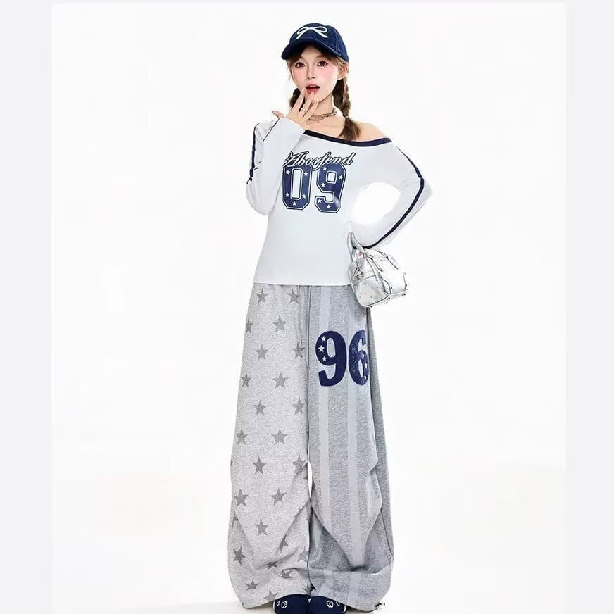 아메리칸 전체 인쇄 별 웨이 바지 여성 봄 가을 느긋한 운동 와이드 레그 팬츠 높음 거리 도루 센스 스트레이트 팬츠 이미지 2