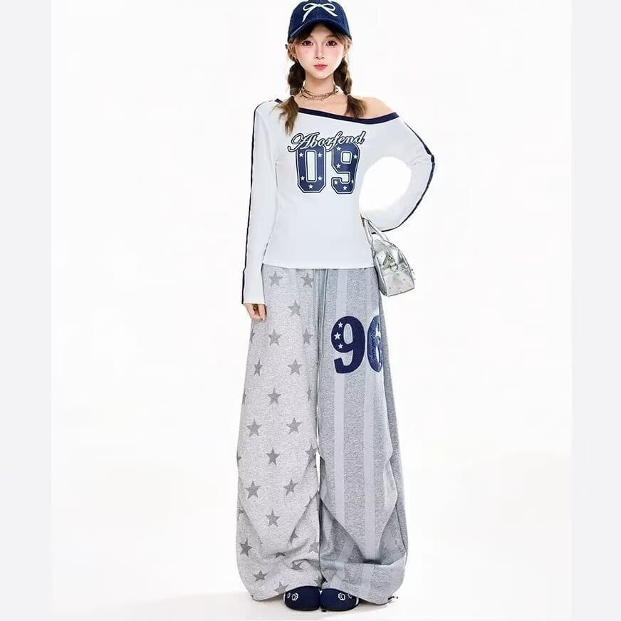 아메리칸 전체 인쇄 별 웨이 바지 여성 봄 가을 느긋한 운동 와이드 레그 팬츠 높음 거리 도루 센스 스트레이트 팬츠