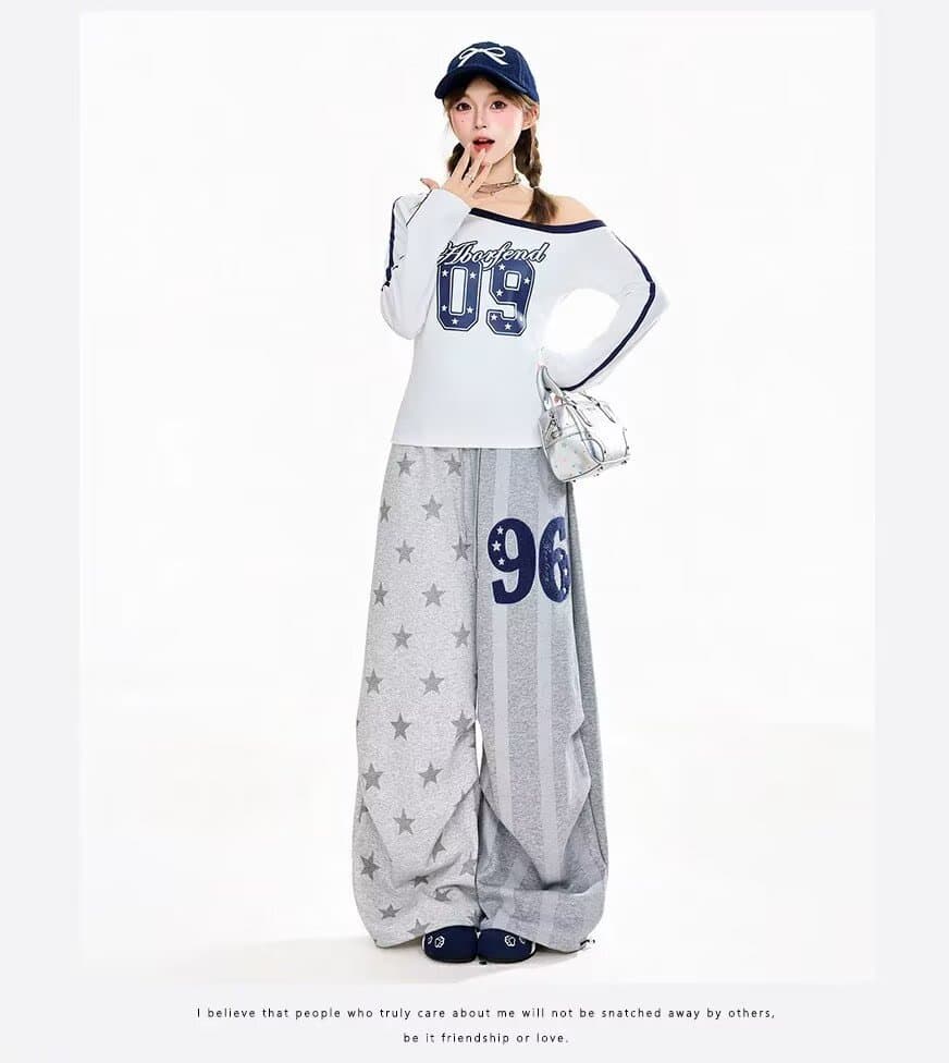 아메리칸 전체 인쇄 별 웨이 바지 여성 봄 가을 느긋한 운동 와이드 레그 팬츠 높음 거리 도루 센스 스트레이트 팬츠 상세 이미지 10