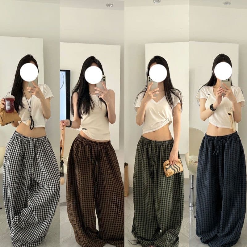 ins 여름 레트로 아메리칸 느긋한 느슨함 배색 넓은 다리 루즈핏 굴곡 체크무늬 캐주얼 바지 이미지 2