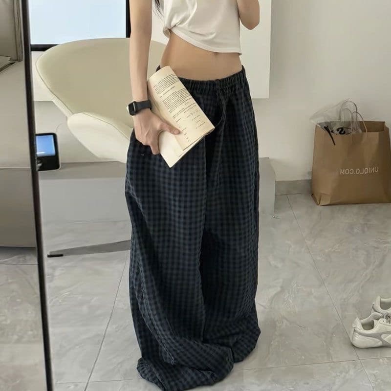ins 여름 레트로 아메리칸 느긋한 느슨함 배색 넓은 다리 루즈핏 굴곡 체크무늬 캐주얼 바지 이미지 3