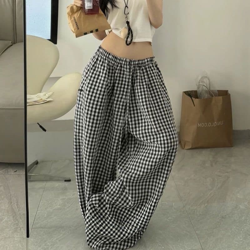 ins 여름 레트로 아메리칸 느긋한 느슨함 배색 넓은 다리 루즈핏 굴곡 체크무늬 캐주얼 바지