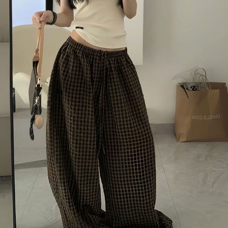 ins 여름 레트로 아메리칸 느긋한 느슨함 배색 넓은 다리 루즈핏 굴곡 체크무늬 캐주얼 바지 이미지 5