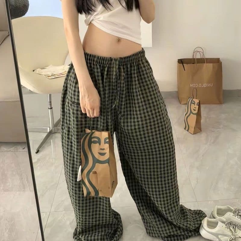 ins 여름 레트로 아메리칸 느긋한 느슨함 배색 넓은 다리 루즈핏 굴곡 체크무늬 캐주얼 바지 상세 이미지 1
