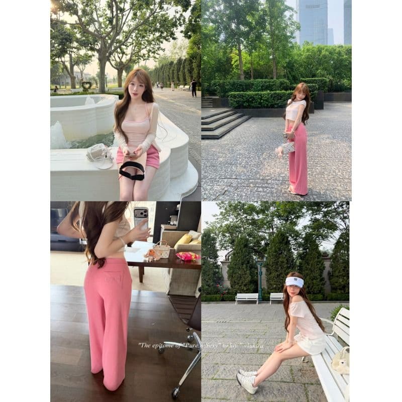 후아 남편 그리드 자수 하이웨이스트 볼륨 측면 펌프 로프 스트레이트 캐주얼 바지 여성 여름 반바지 긴 바지 이미지 3