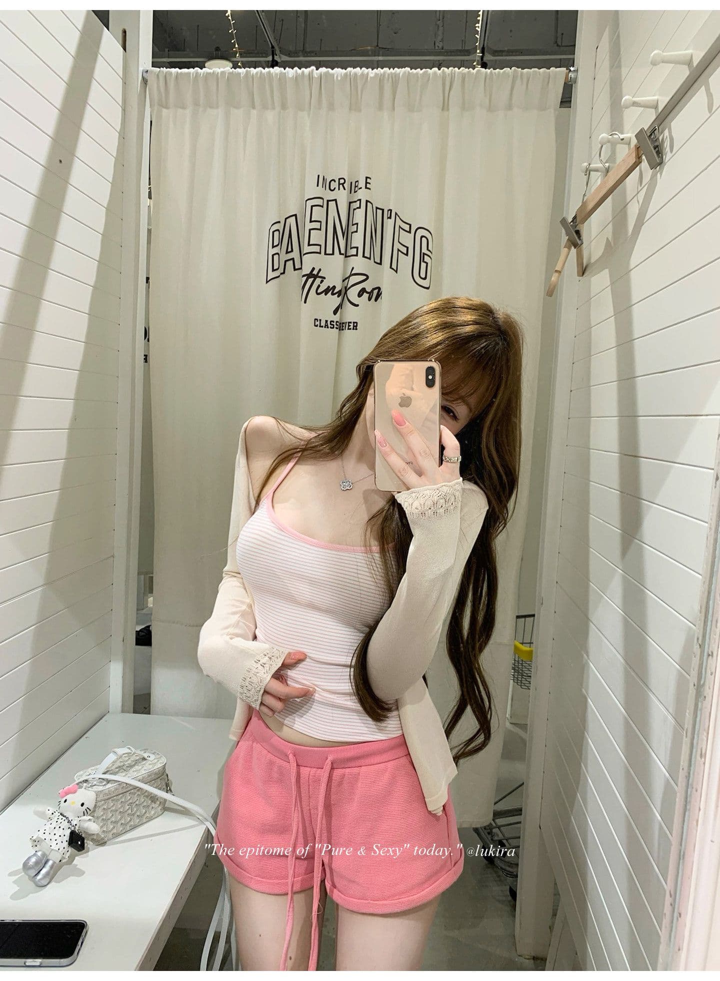 후아 남편 그리드 자수 하이웨이스트 볼륨 측면 펌프 로프 스트레이트 캐주얼 바지 여성 여름 반바지 긴 바지 상세 이미지 5