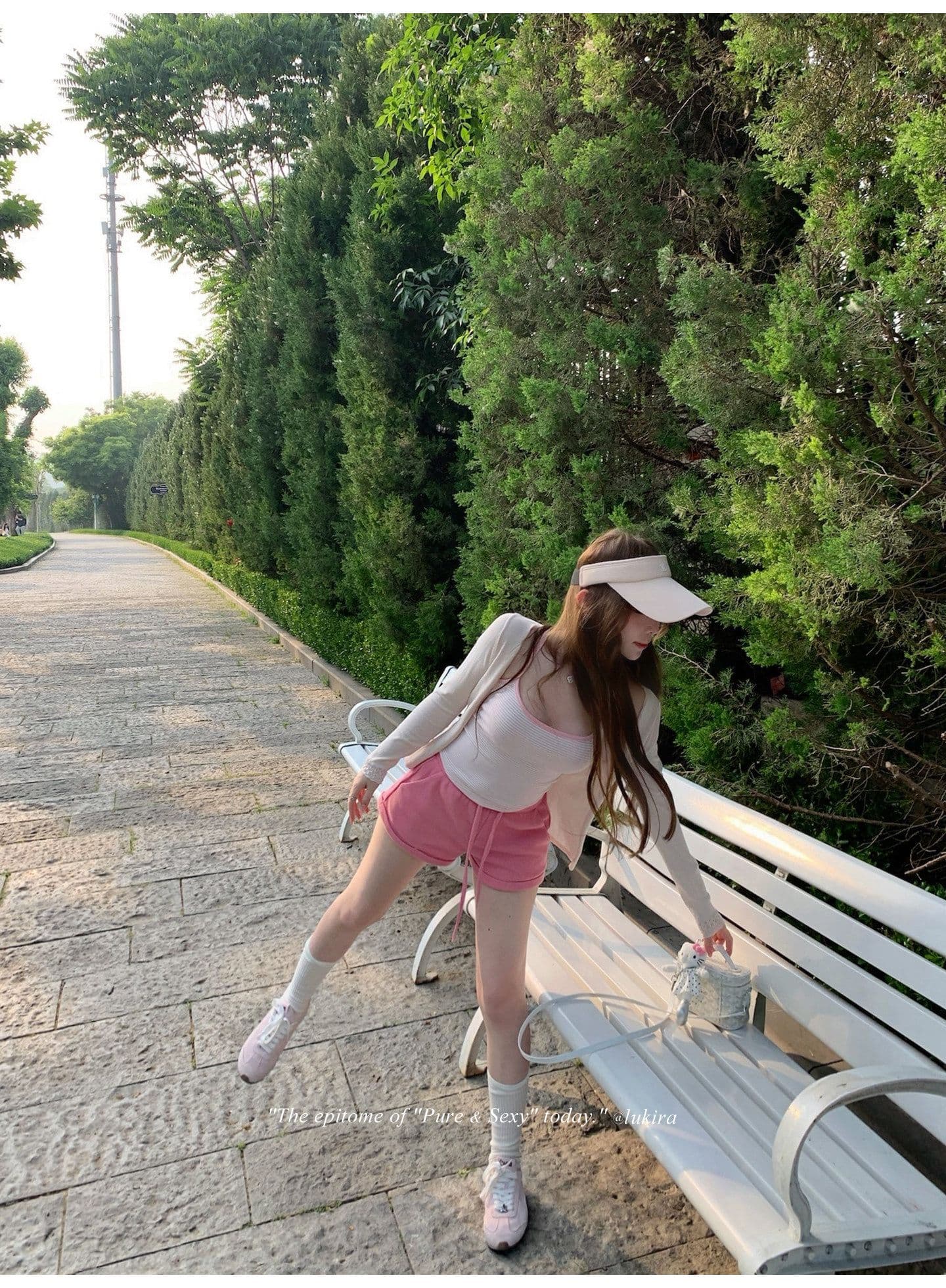 후아 남편 그리드 자수 하이웨이스트 볼륨 측면 펌프 로프 스트레이트 캐주얼 바지 여성 여름 반바지 긴 바지 상세 이미지 6