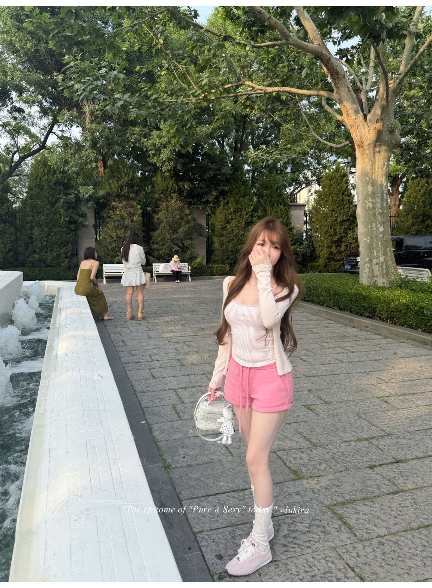 후아 남편 그리드 자수 하이웨이스트 볼륨 측면 펌프 로프 스트레이트 캐주얼 바지 여성 여름 반바지 긴 바지 상세 이미지 7