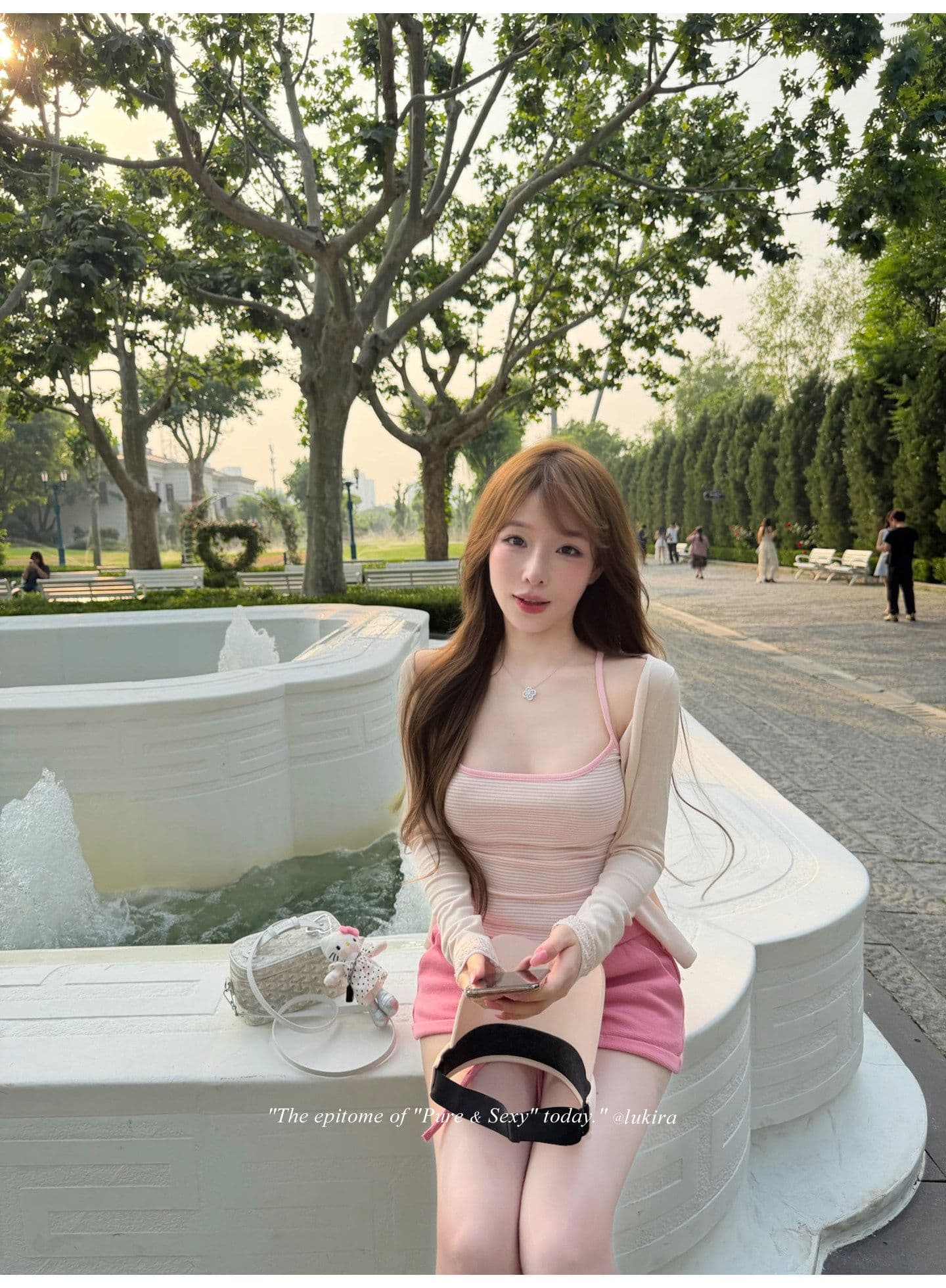 후아 남편 그리드 자수 하이웨이스트 볼륨 측면 펌프 로프 스트레이트 캐주얼 바지 여성 여름 반바지 긴 바지 상세 이미지 9