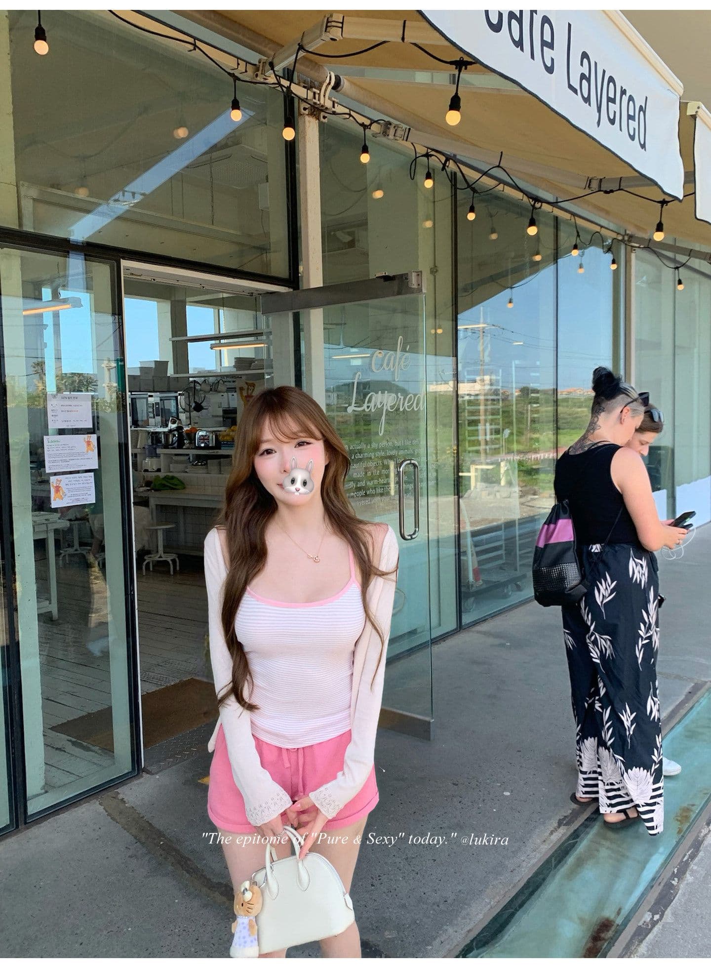 후아 남편 그리드 자수 하이웨이스트 볼륨 측면 펌프 로프 스트레이트 캐주얼 바지 여성 여름 반바지 긴 바지 상세 이미지 10
