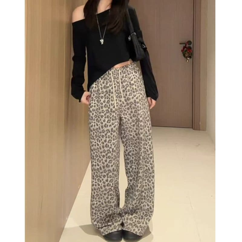 원본 솜씨 광저우 원단 아메리칸 레트로 안개 센스 레오파드 무늬 프린트 디자인 센스 루즈핏 와이드 레깅스 바지