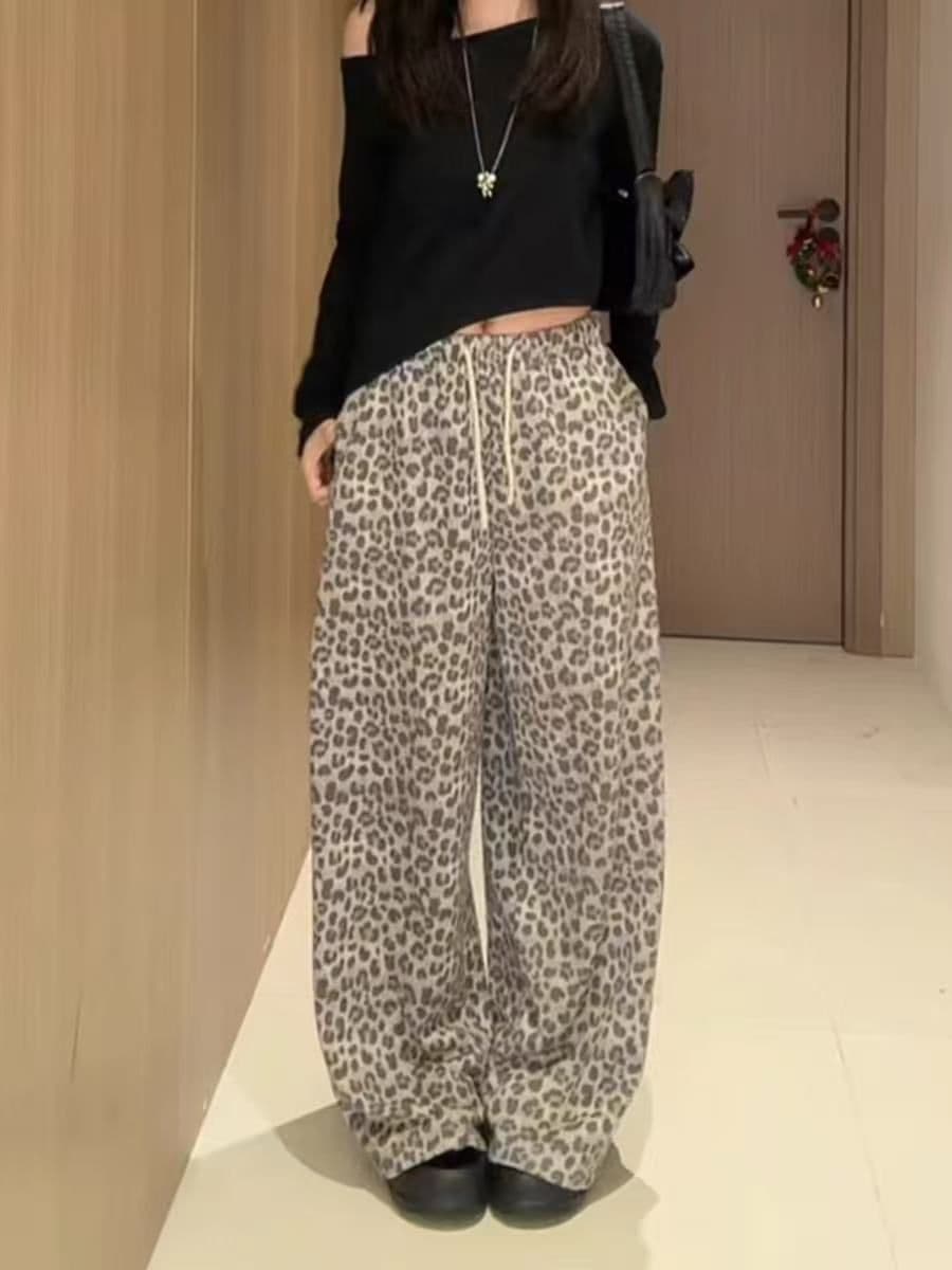 원본 솜씨 광저우 원단 아메리칸 레트로 안개 센스 레오파드 무늬 프린트 디자인 센스 루즈핏 와이드 레깅스 바지 상세 이미지 4