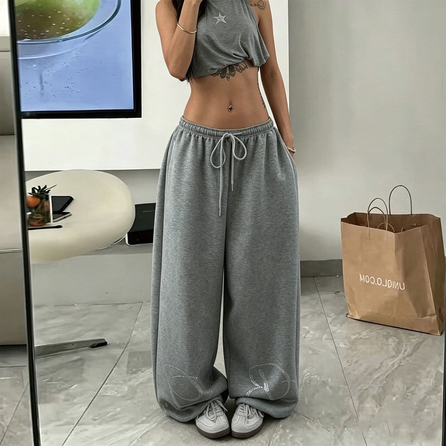 좋은 품질 원본 올린 사람 : 에디션 핫픽스 와이드 레그 팬츠 하이웨이스트 여성 펌프 로프 도루 센스 바닥 청소 긴 바지 루즈핏 캐주얼 바지 이미지 3