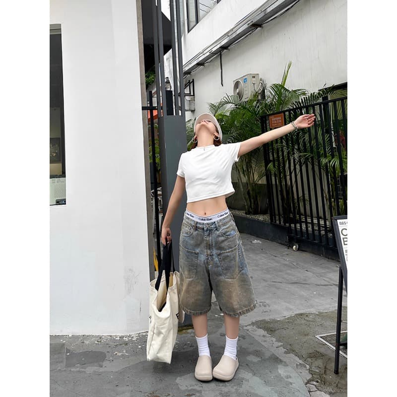 높음 거리 레트로 마 오래된 블루 5 점 바지 남녀 여름 디자인 센스 작은 대중 루즈핏 넓은 다리 데님 반바지 이미지 5