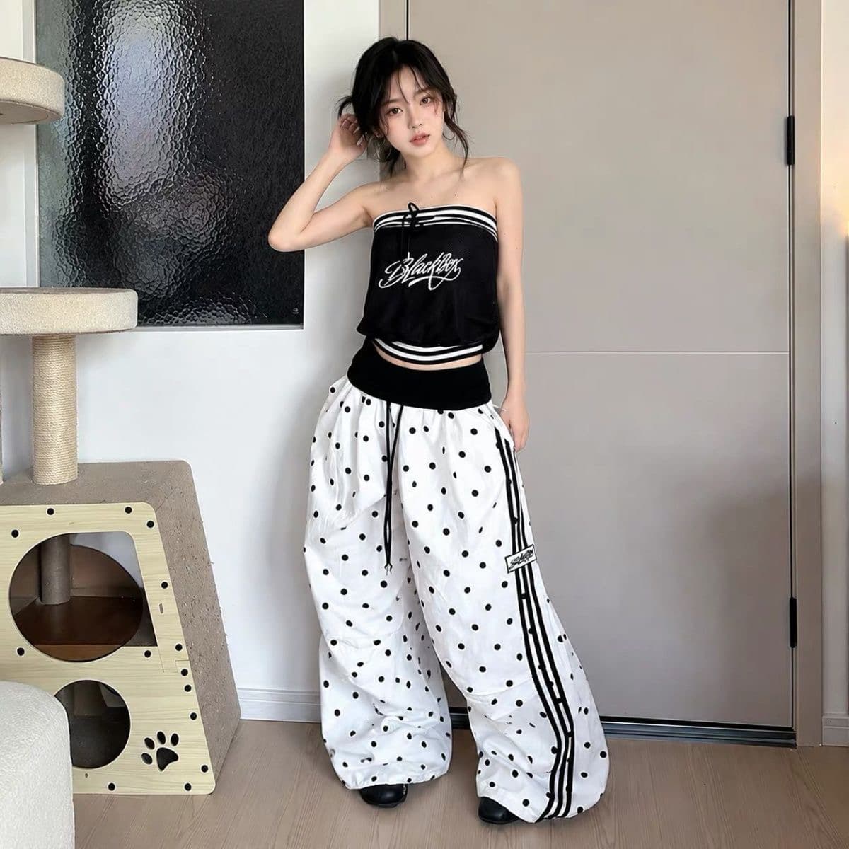 여름 얇은 스타일 아메리칸 도트 무늬 전체 인쇄 방귀 커튼 패치워크 폴로 칼라 긴 바지 루즈핏 핫걸 슬림해 보이는 다용도 스트라이프 웨이 바지 이미지 3