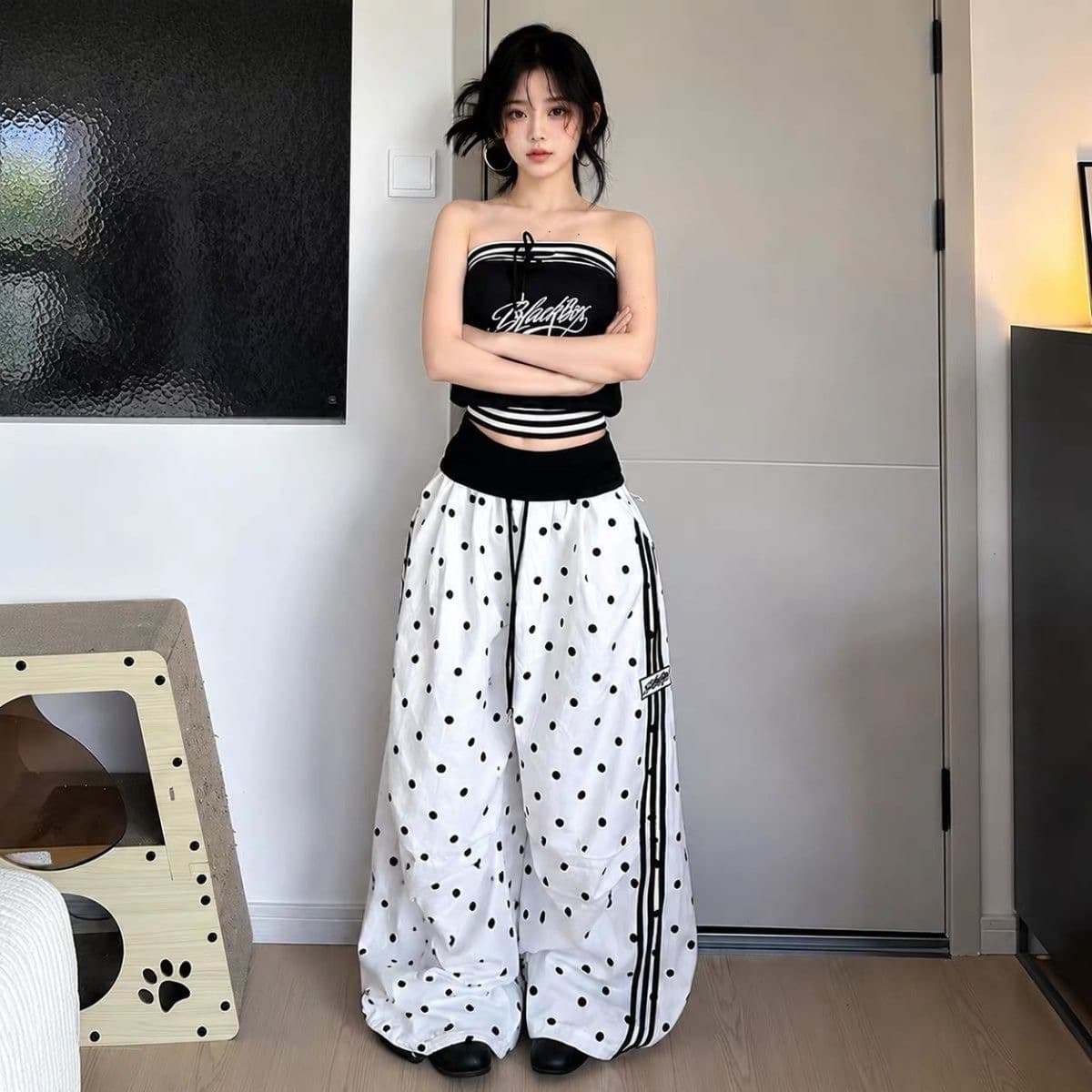 여름 얇은 스타일 아메리칸 도트 무늬 전체 인쇄 방귀 커튼 패치워크 폴로 칼라 긴 바지 루즈핏 핫걸 슬림해 보이는 다용도 스트라이프 웨이 바지 상세 이미지 2