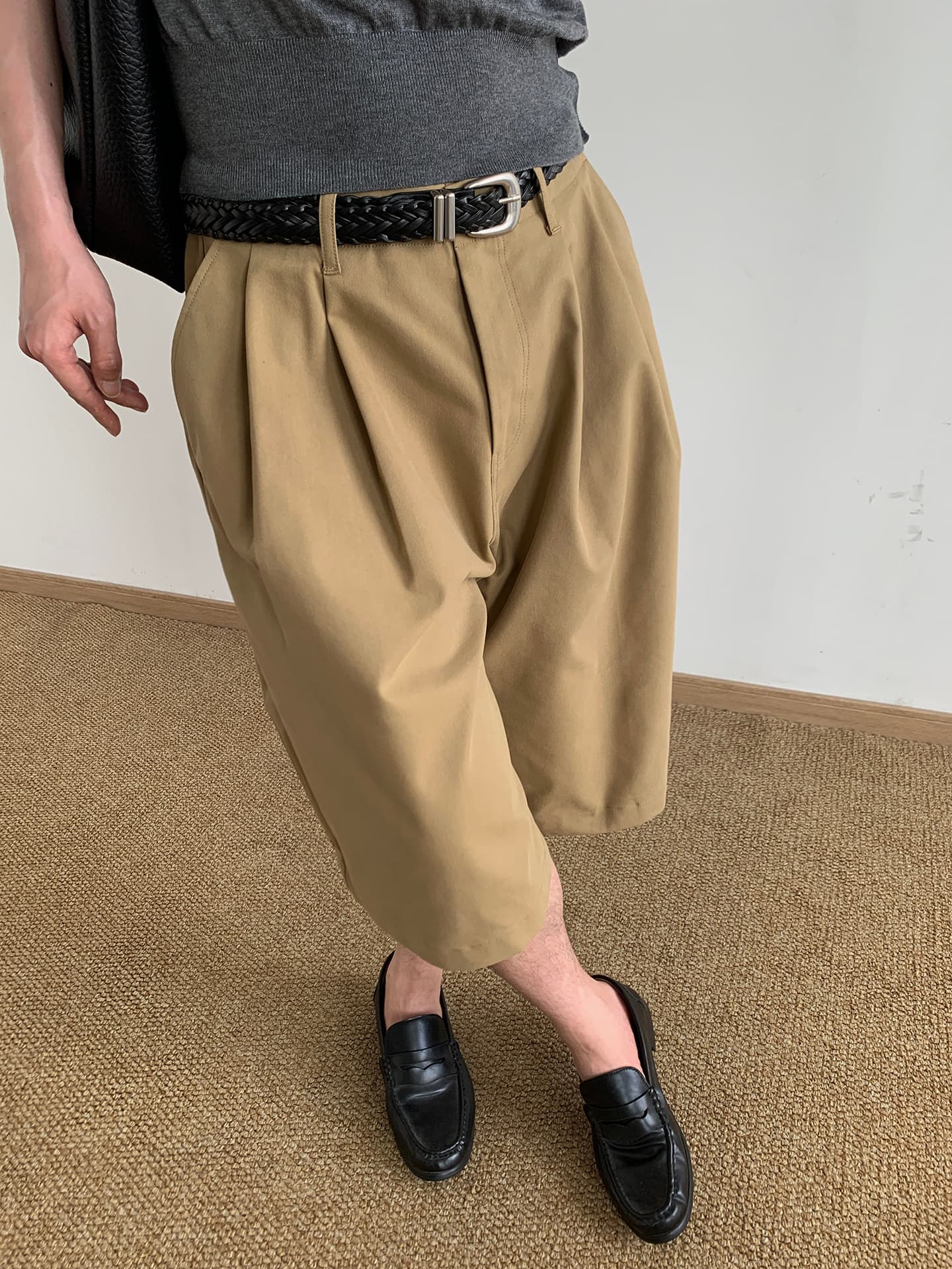 아메리칸 느긋한 바람 단색 캐주얼 바지 남자 여름 레트로 다용도 스트레이트 쇼트 스타일 루즈핏 캐주얼 7부 바지 이미지 3