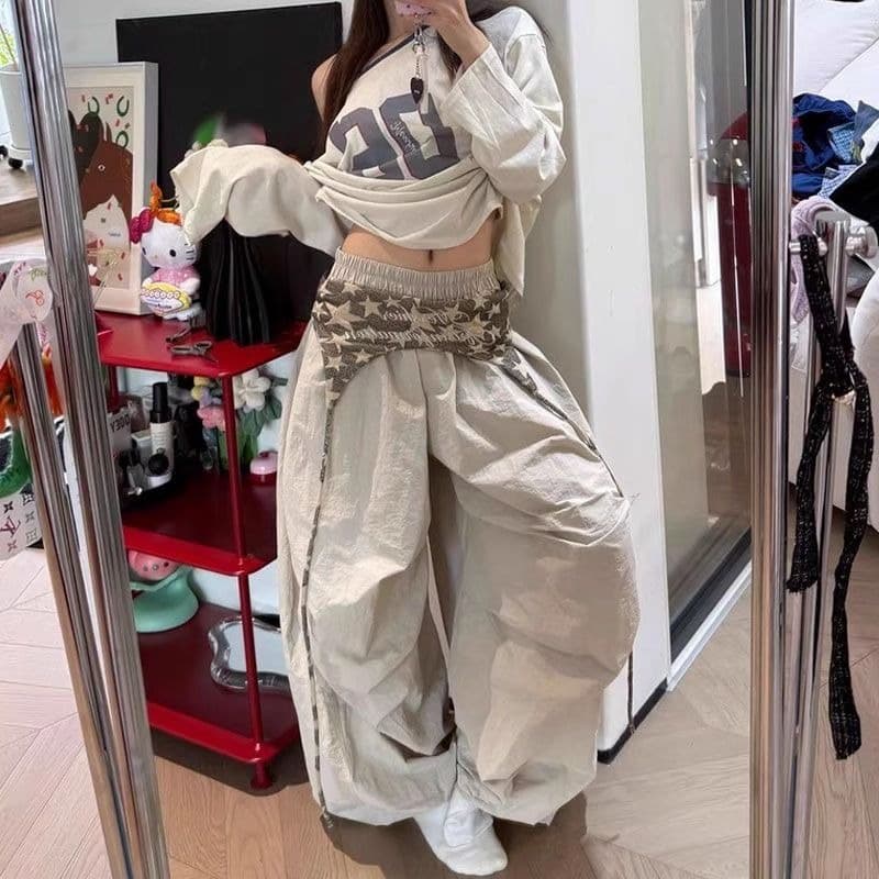 아메리칸 스택 착용 디자인 센스 스트랩 낙하산 병 바지 남녀 일상 루즈핏 캐주얼 주름 넓은 다리 길이 바지 트렌디 이미지 2