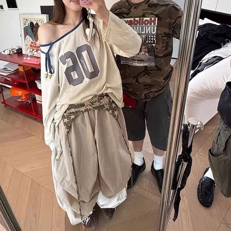 아메리칸 스택 착용 디자인 센스 스트랩 낙하산 병 바지 남녀 일상 루즈핏 캐주얼 주름 넓은 다리 길이 바지 트렌디 이미지 3