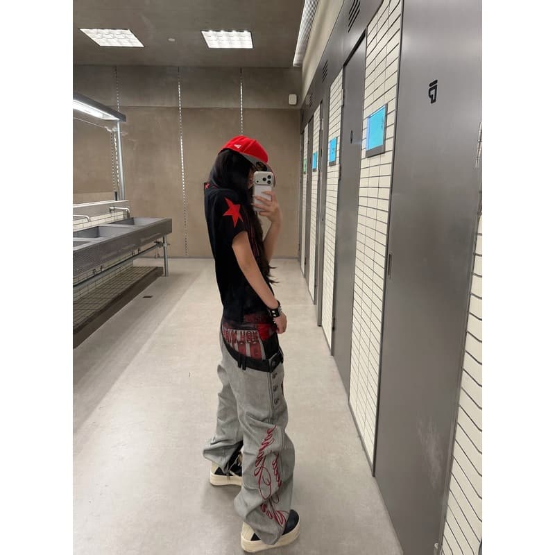 아메리칸 레트로 원본 암소 모통이 칼 넓은 다리 더블 허리 머리 청바지 남녀 거리 조수 브랜드 루즈핏 바닥 청소 긴 바지 이미지 2