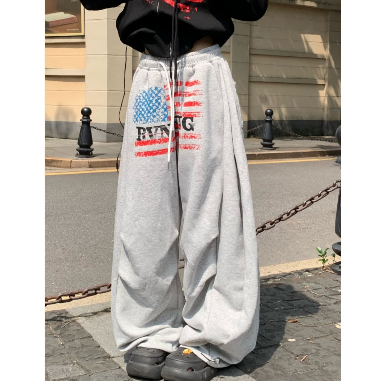아메리칸 레트로 알파벳 프린트 운동 웨이 바지 남녀 느긋한 바람 넓은 다리 캐주얼 긴 바지
