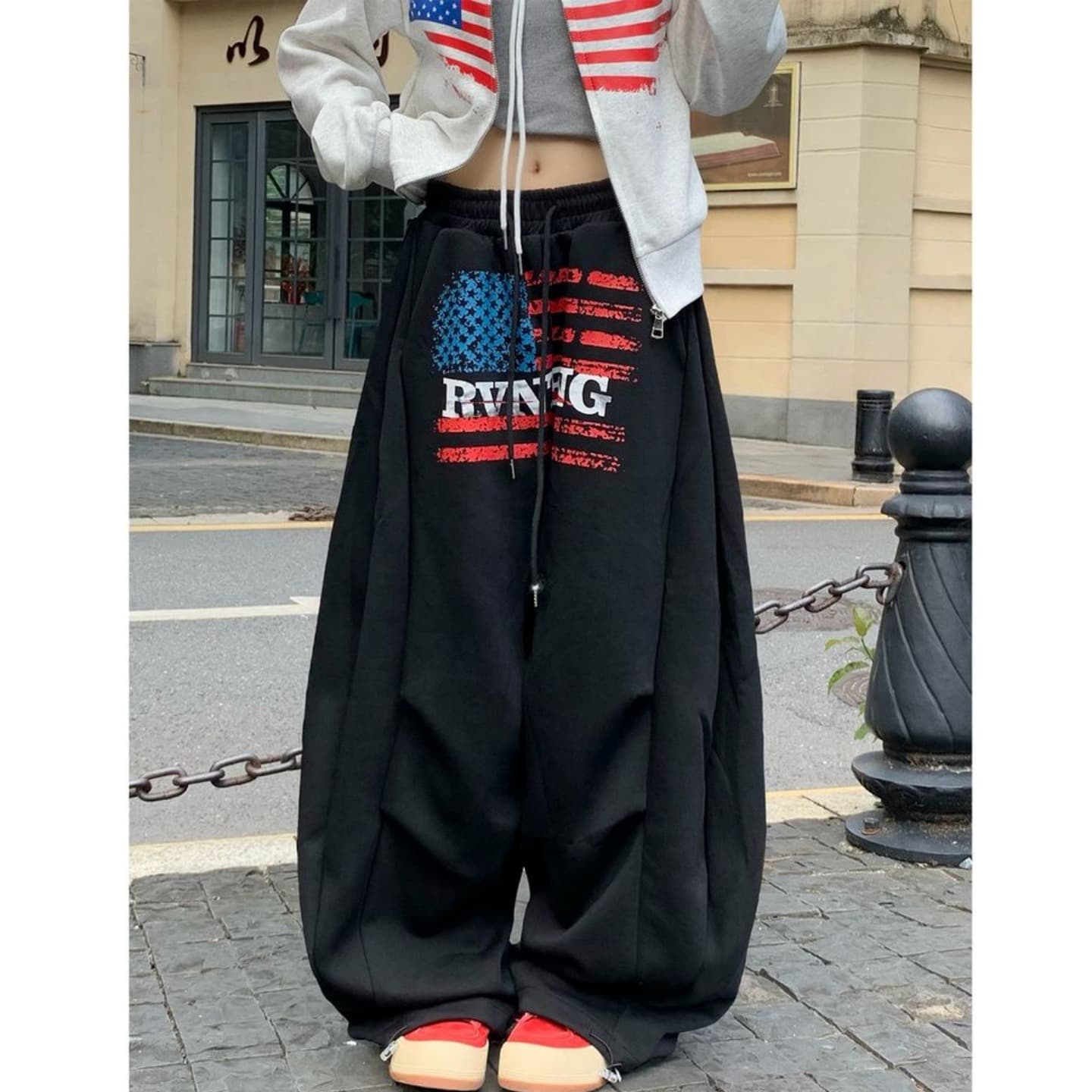 아메리칸 레트로 알파벳 프린트 운동 웨이 바지 남녀 느긋한 바람 넓은 다리 캐주얼 긴 바지 이미지 2