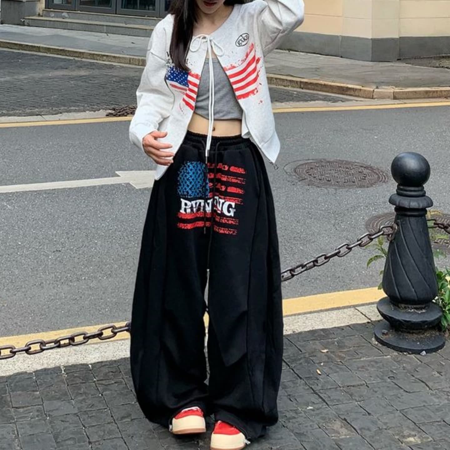 아메리칸 레트로 알파벳 프린트 운동 웨이 바지 남녀 느긋한 바람 넓은 다리 캐주얼 긴 바지 상세 이미지 7
