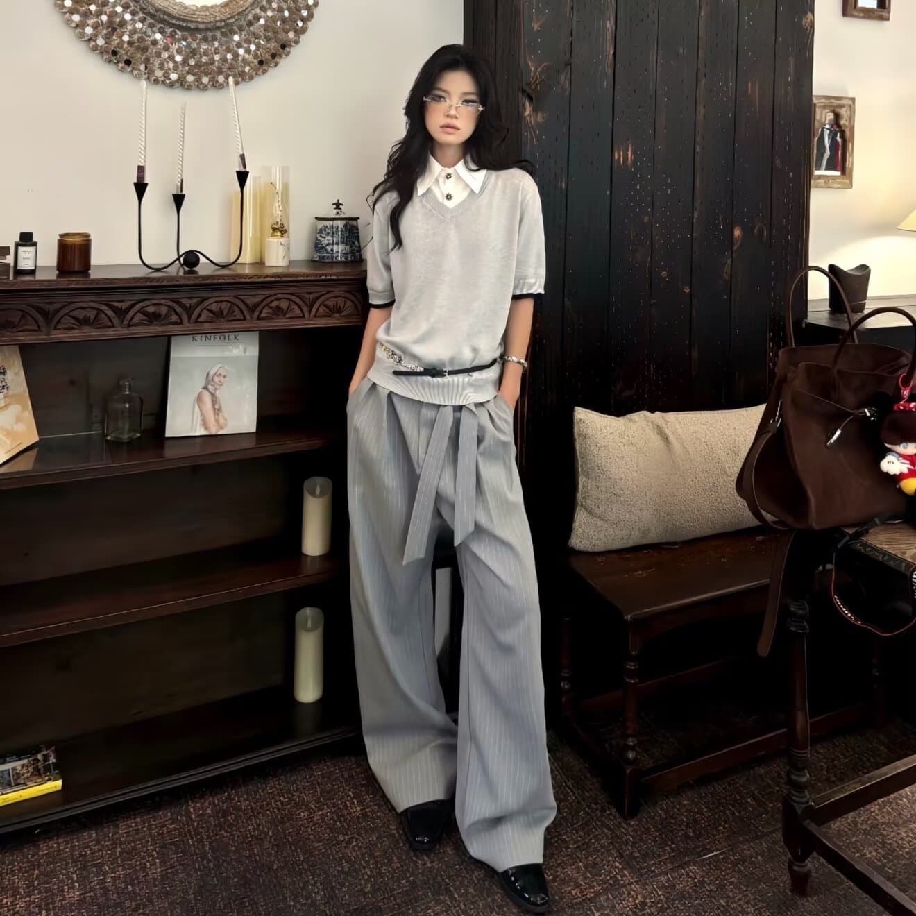 행 버클 襟 블루 화이트 스트라이프 수 있습니다. 뒤집다 허리 핀치 Pleat 루즈핏 긴 바지 여성 봄 디자인 센스 와이드 레그 팬츠 상세 이미지 8