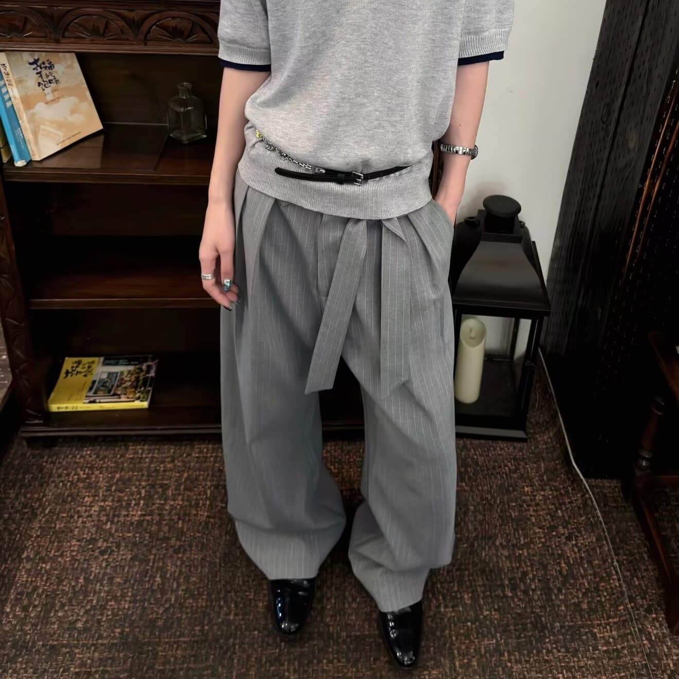 행 버클 襟 블루 화이트 스트라이프 수 있습니다. 뒤집다 허리 핀치 Pleat 루즈핏 긴 바지 여성 봄 디자인 센스 와이드 레그 팬츠 상세 이미지 9