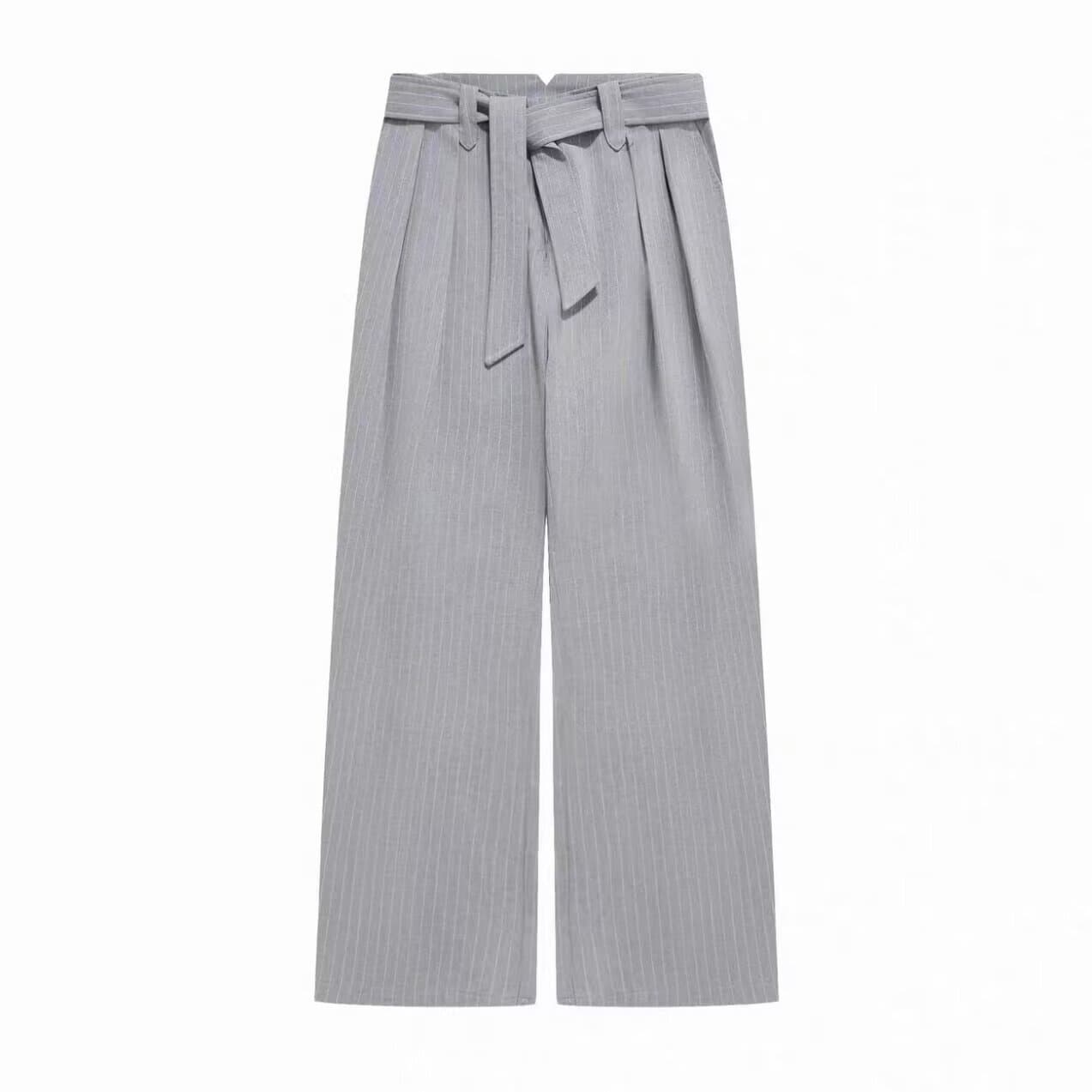 행 버클 襟 블루 화이트 스트라이프 수 있습니다. 뒤집다 허리 핀치 Pleat 루즈핏 긴 바지 여성 봄 디자인 센스 와이드 레그 팬츠 상세 이미지 12