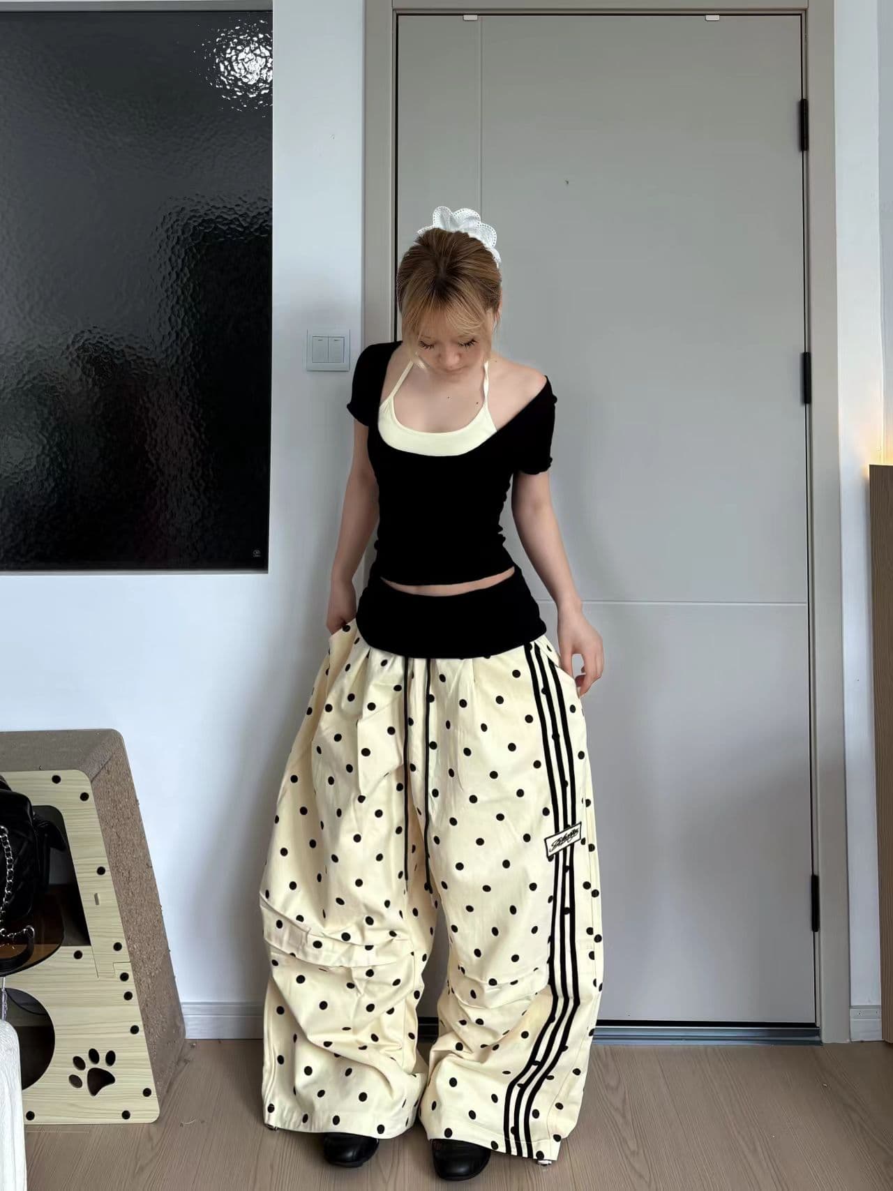 아메리칸 도트 무늬 3개 로드 자수 운동 바지 스트리트 댄스 재즈 댄스 캐주얼 바지 이미지 2