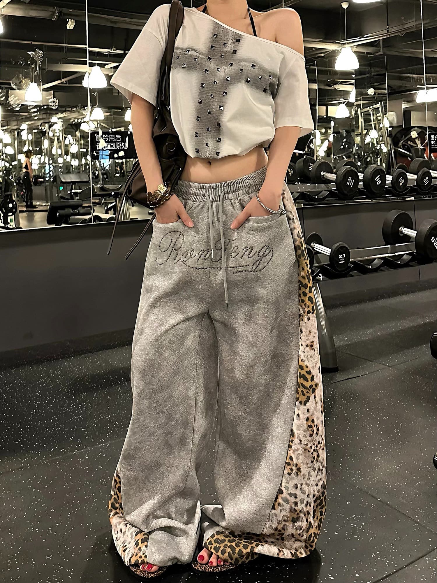 아메리칸 레트로 레오파드 무늬 패치워크 와이드 레깅스 바지 여름 루즈핏 슬림해 보이는 마 오래된 펌프 로프 캐주얼 바지 커플 상세 이미지 3
