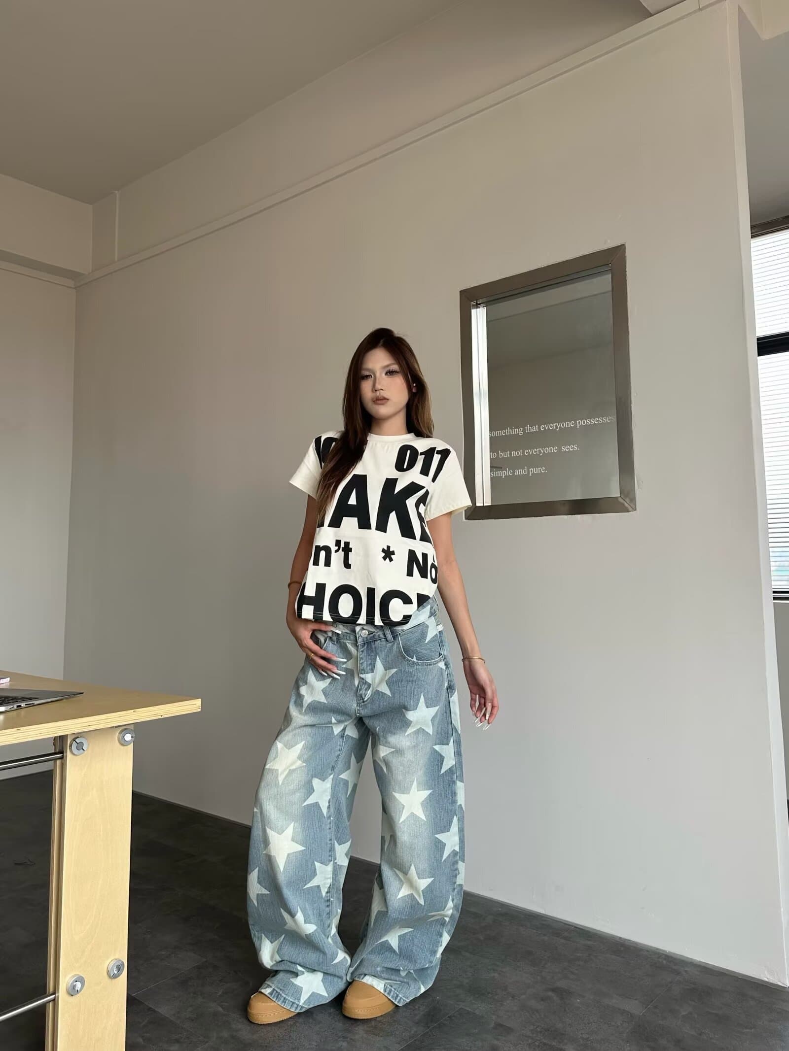 아메리칸 레트로 워싱 별 전체 인쇄 모통이 칼 청바지 여성 가을 새로운 루즈핏 슬림해 보이는 스트레이트 넓은 다리 길이 바지 상세 이미지 5