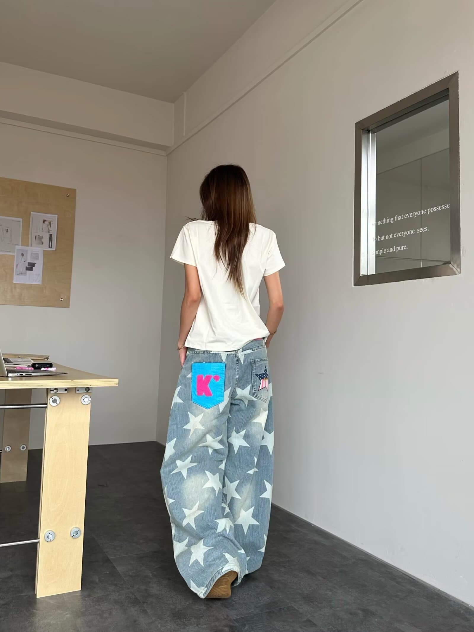 아메리칸 레트로 워싱 별 전체 인쇄 모통이 칼 청바지 여성 가을 새로운 루즈핏 슬림해 보이는 스트레이트 넓은 다리 길이 바지 상세 이미지 9
