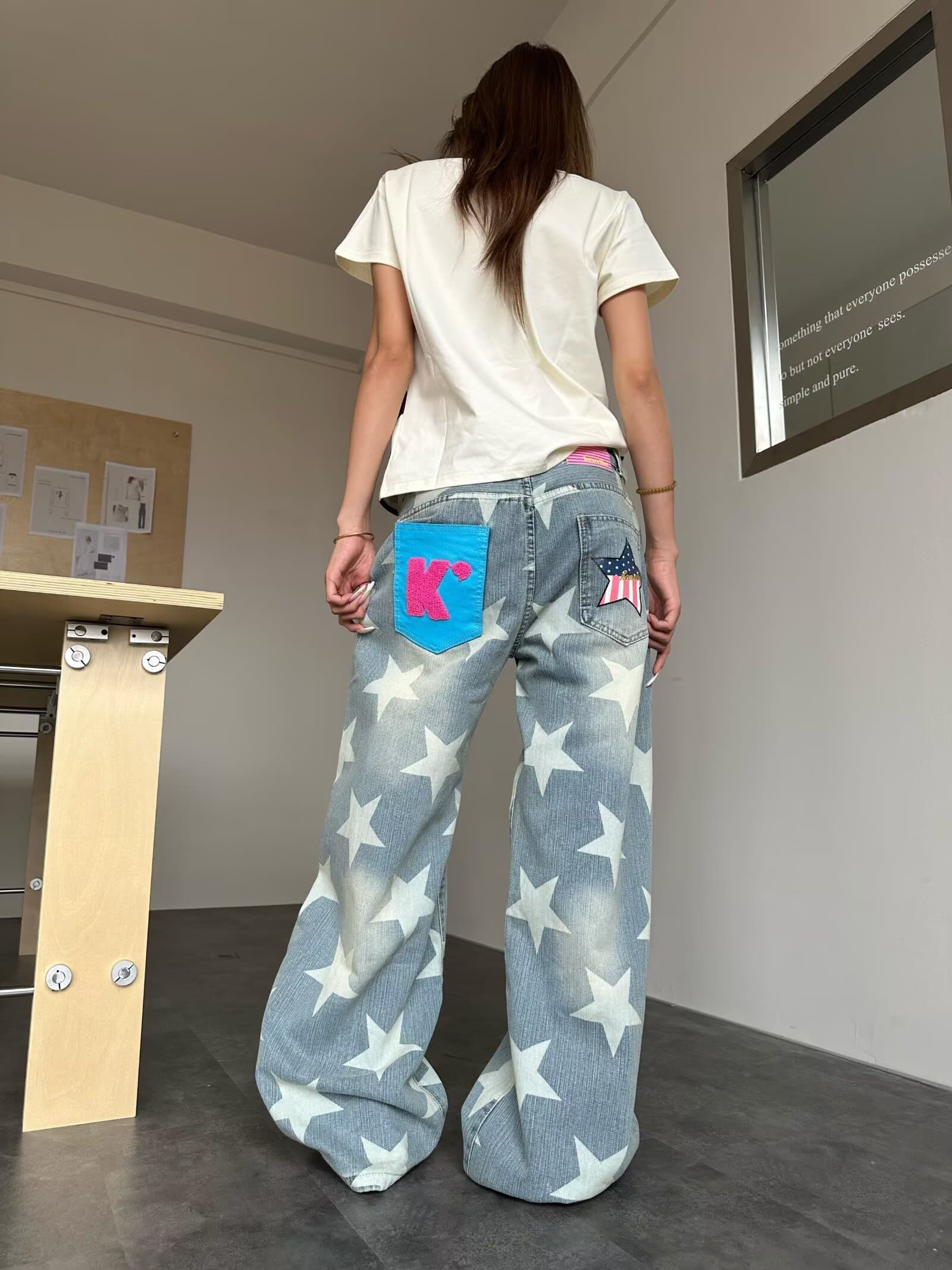 아메리칸 레트로 워싱 별 전체 인쇄 모통이 칼 청바지 여성 가을 새로운 루즈핏 슬림해 보이는 스트레이트 넓은 다리 길이 바지 상세 이미지 16