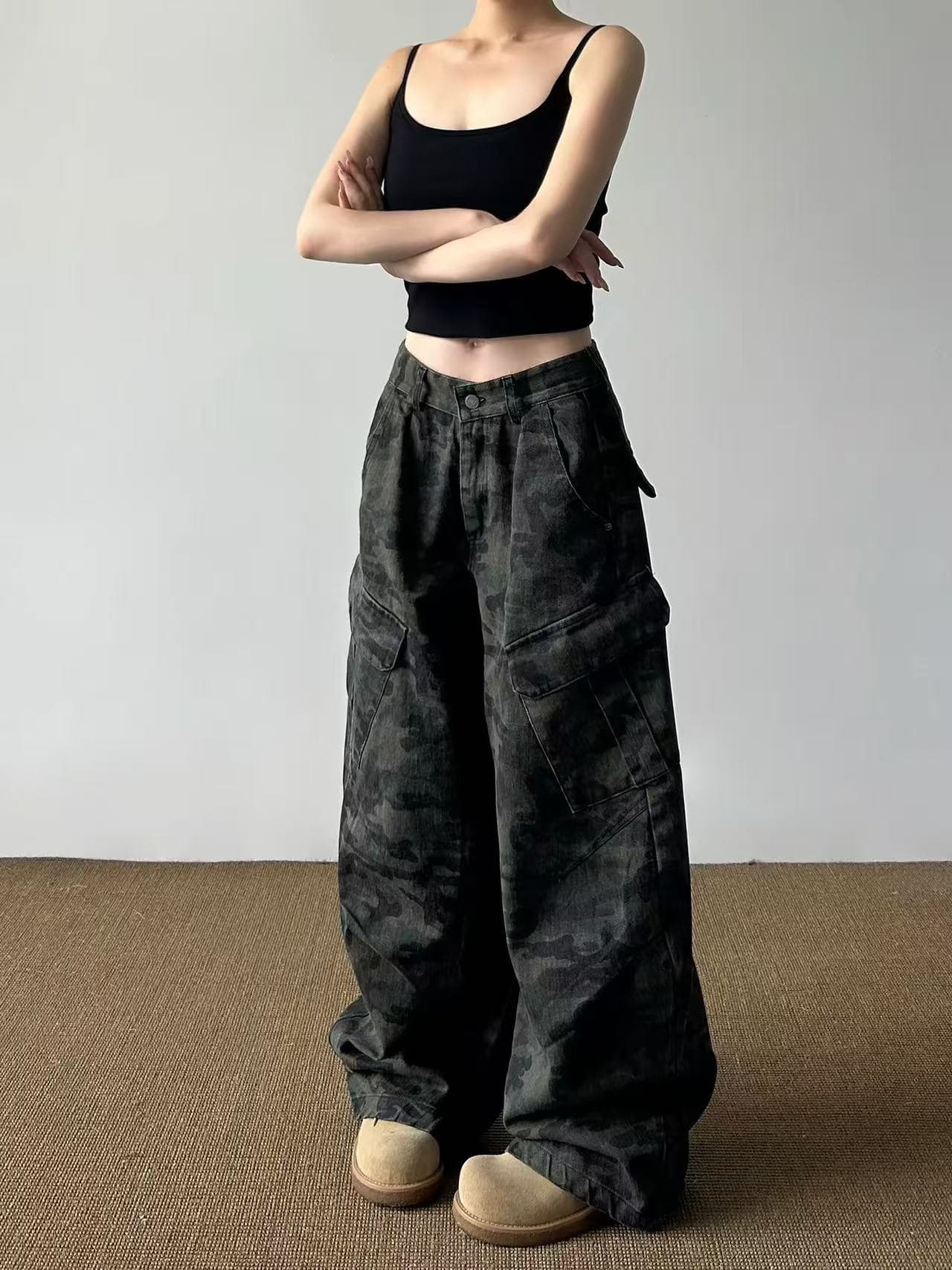 아메리칸 레트로 마 오래된 카모플라주 디자인 섹션 청바지 남녀 루즈핏 넓은 다리 높음 거리 빅 포켓 워크웨어 팬츠 상세 이미지 2