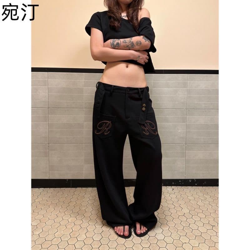 아메리칸 레트로 파리 버클 디자인 자수 식물 플러시 프린트 모통이 칼 와이드 레그 팬츠 남녀 ins 느긋한 웨이 바지 상세 이미지 8