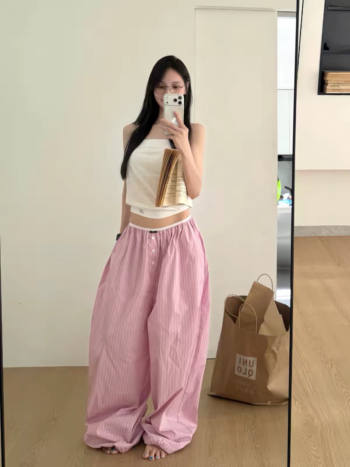 아메리칸 화이트 여성 블루 스트라이프 캐주얼 바지 루즈핏 느긋한 허리밴드 펌프 로프 작은 대중 디자인 다용도 긴 바지 이미지 2