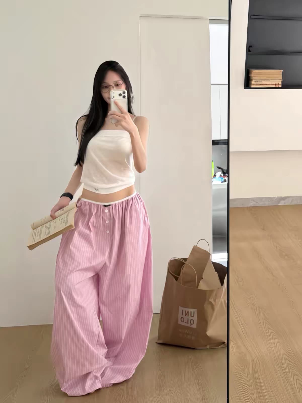 아메리칸 화이트 여성 블루 스트라이프 캐주얼 바지 루즈핏 느긋한 허리밴드 펌프 로프 작은 대중 디자인 다용도 긴 바지 상세 이미지 4