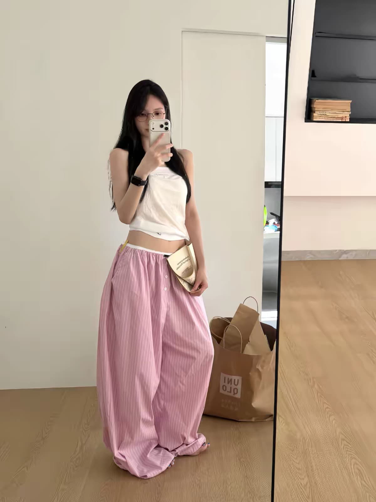 아메리칸 화이트 여성 블루 스트라이프 캐주얼 바지 루즈핏 느긋한 허리밴드 펌프 로프 작은 대중 디자인 다용도 긴 바지 상세 이미지 5