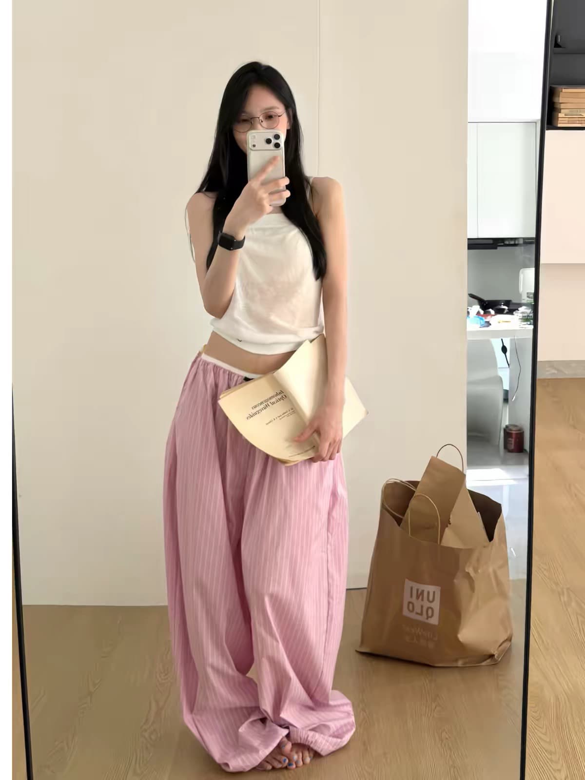 아메리칸 화이트 여성 블루 스트라이프 캐주얼 바지 루즈핏 느긋한 허리밴드 펌프 로프 작은 대중 디자인 다용도 긴 바지 상세 이미지 6