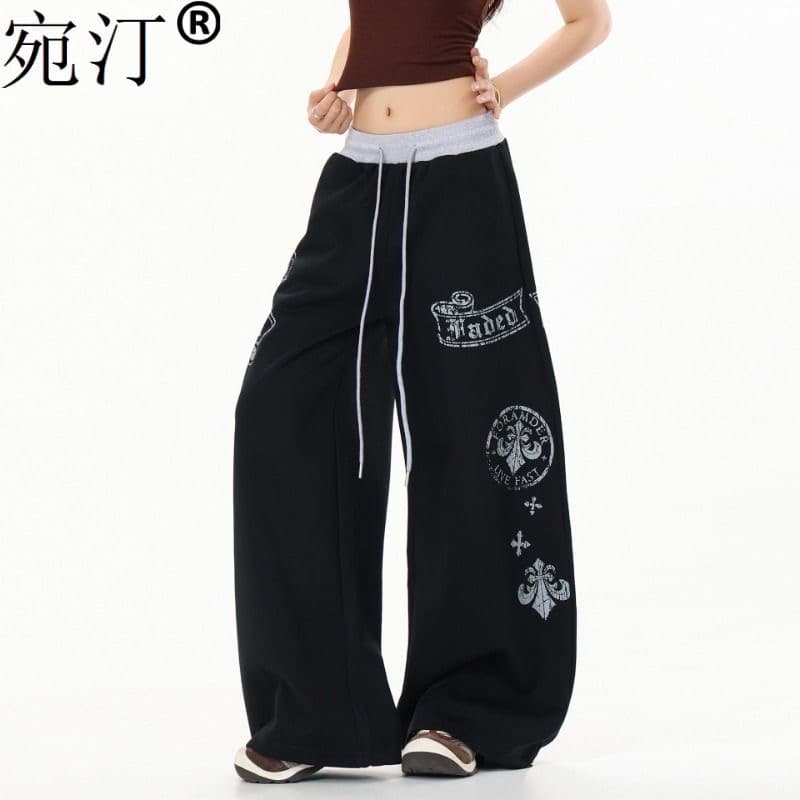 아메리칸 레트로 프린트 패치워크 허리 머리 캐주얼 바지 남녀 여름 새로운 루즈핏 다용도 바닥 청소 도루 센스 와이드 레그 팬츠 상세 이미지 9