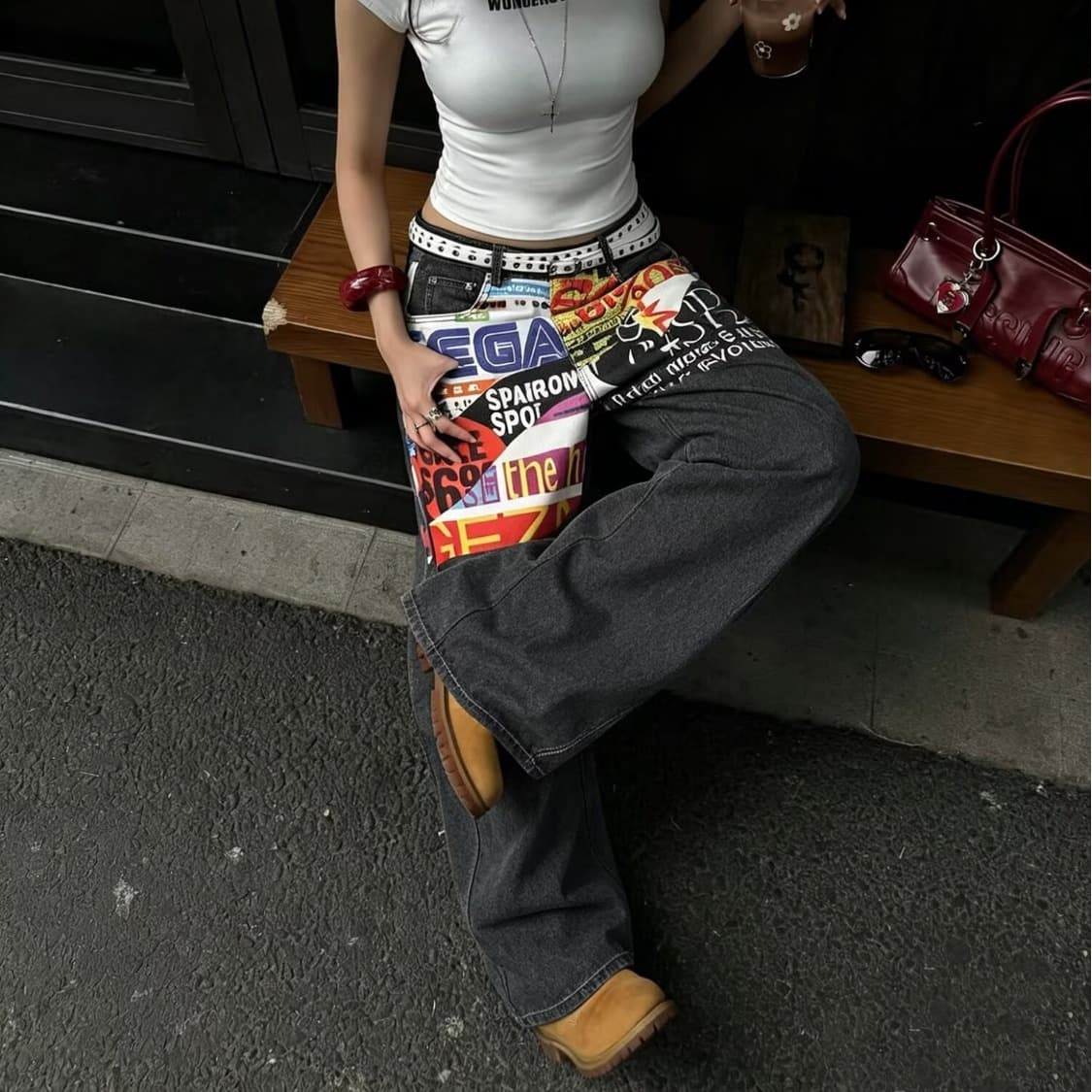 봄 가을 아메리칸 레트로 워싱 청바지 남녀 커플 루즈핏 캐주얼 다용도 스트레이트 프린트 넓은 다리 길이 바지 이미지 2