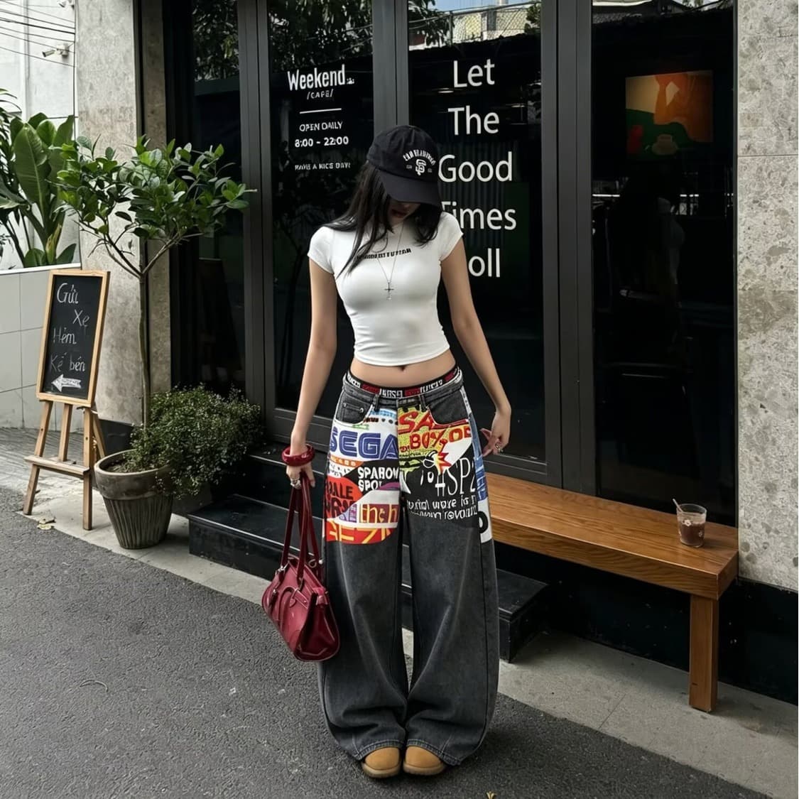 봄 가을 아메리칸 레트로 워싱 청바지 남녀 커플 루즈핏 캐주얼 다용도 스트레이트 프린트 넓은 다리 길이 바지 이미지 4