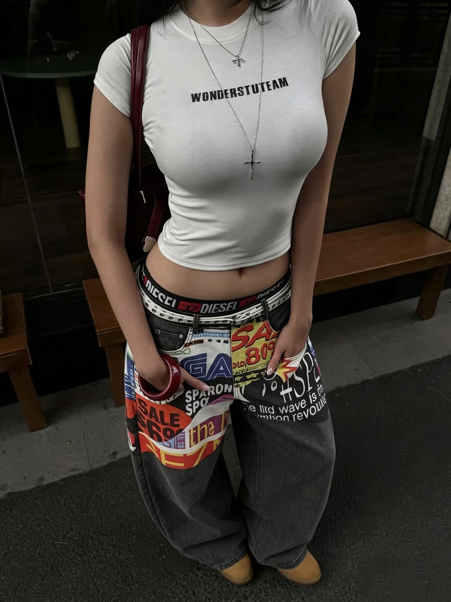 봄 가을 아메리칸 레트로 워싱 청바지 남녀 커플 루즈핏 캐주얼 다용도 스트레이트 프린트 넓은 다리 길이 바지 상세 이미지 1
