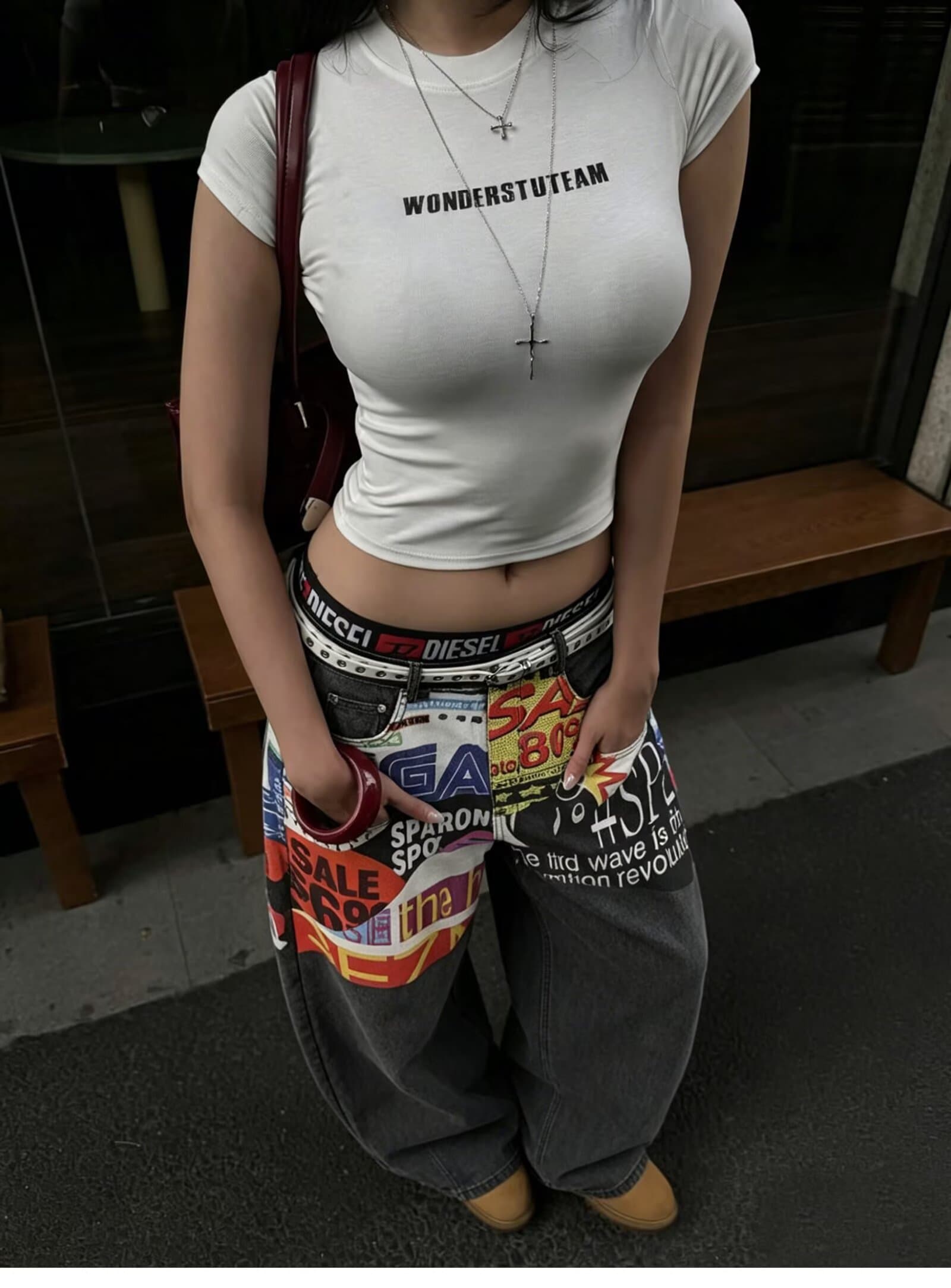 봄 가을 아메리칸 레트로 워싱 청바지 남녀 커플 루즈핏 캐주얼 다용도 스트레이트 프린트 넓은 다리 길이 바지 상세 이미지 9