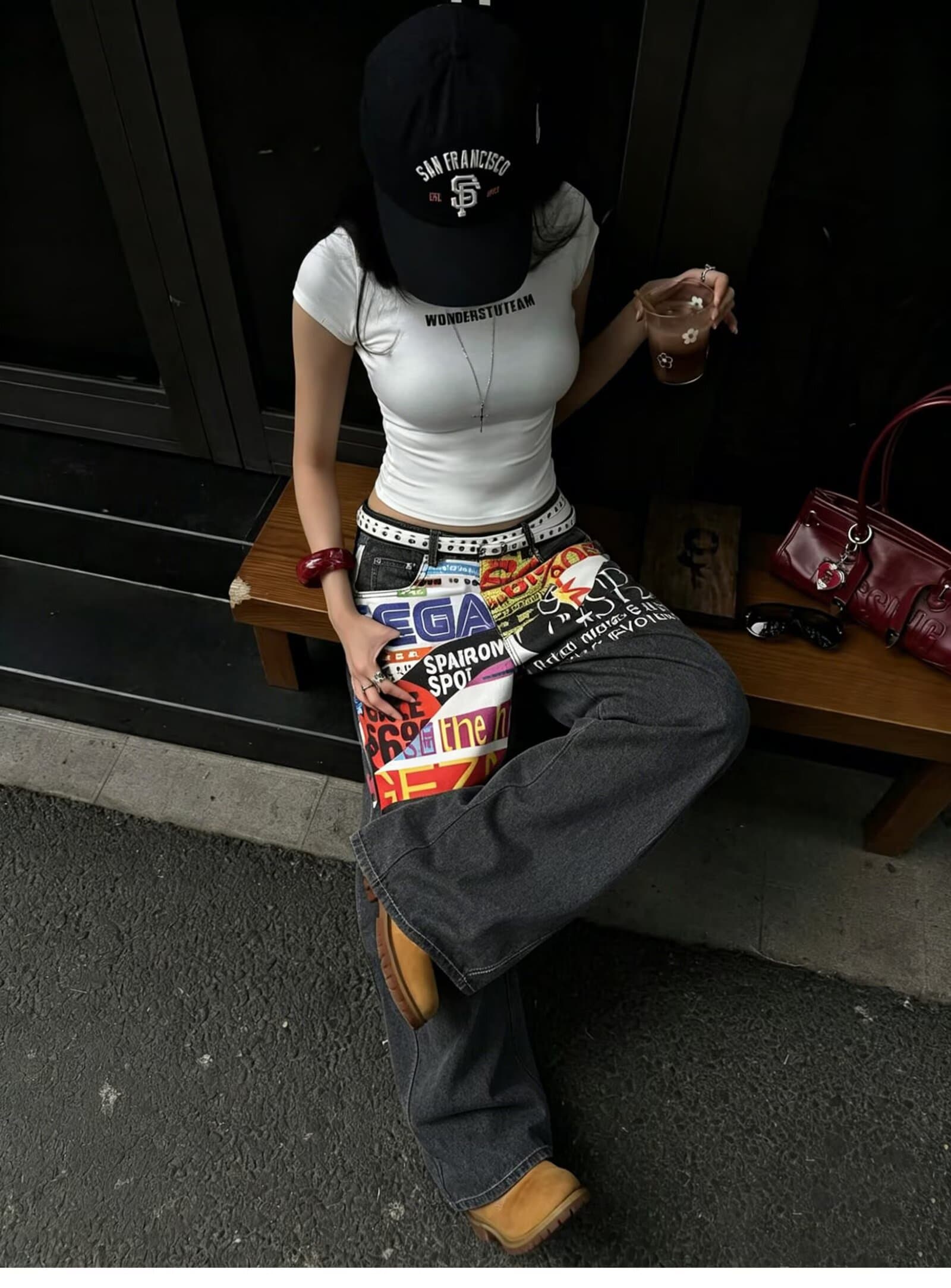 봄 가을 아메리칸 레트로 워싱 청바지 남녀 커플 루즈핏 캐주얼 다용도 스트레이트 프린트 넓은 다리 길이 바지 상세 이미지 10