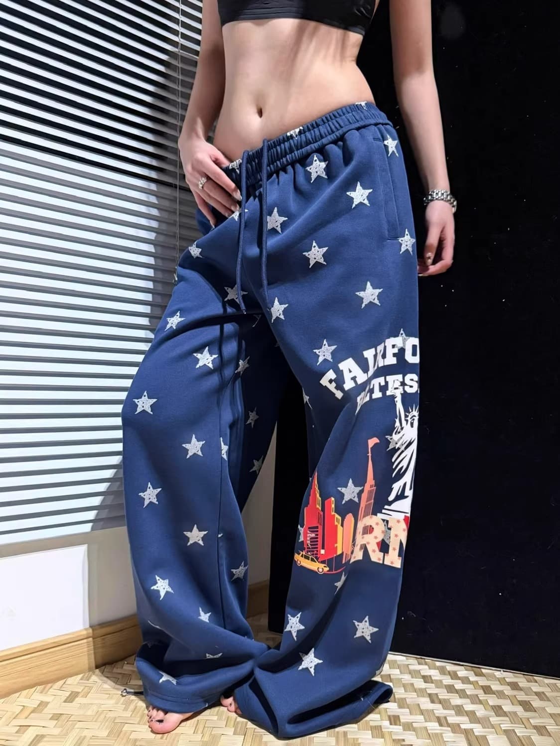 아메리칸 레트로 별 전체 인쇄 알파벳 프린트 웨이 바지 남녀 루즈핏 캐주얼 넓은 다리 스트리트 댄스 커플 캐주얼 긴 바지 상세 이미지 6