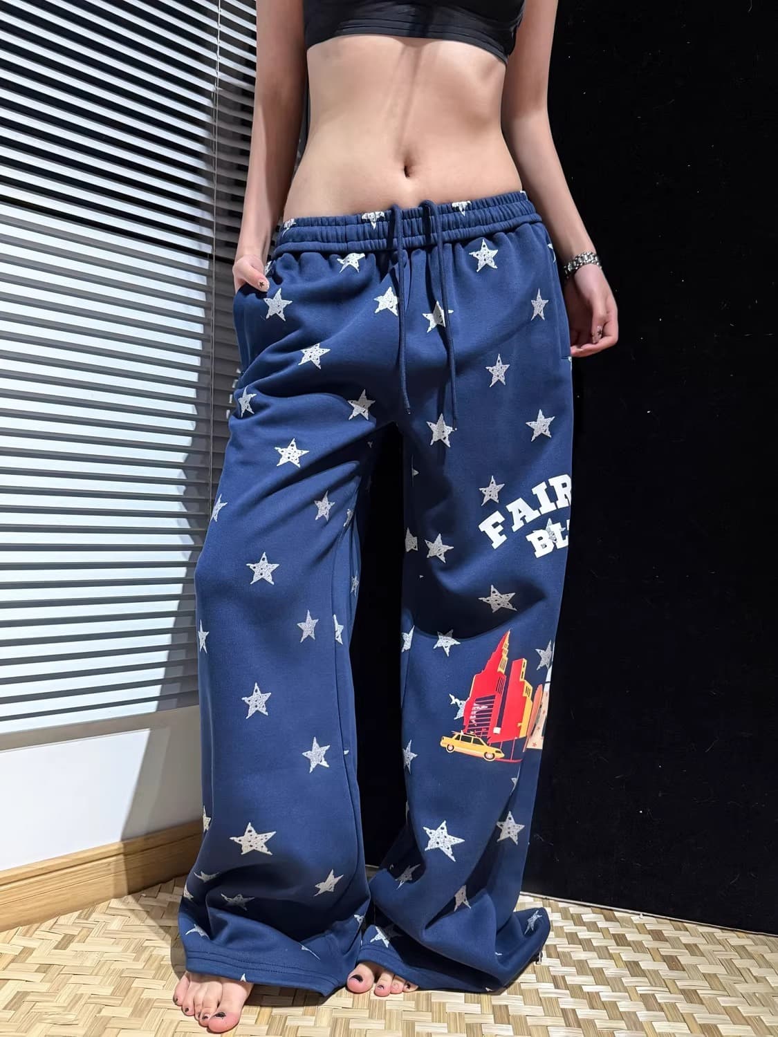 아메리칸 레트로 별 전체 인쇄 알파벳 프린트 웨이 바지 남녀 루즈핏 캐주얼 넓은 다리 스트리트 댄스 커플 캐주얼 긴 바지 상세 이미지 9